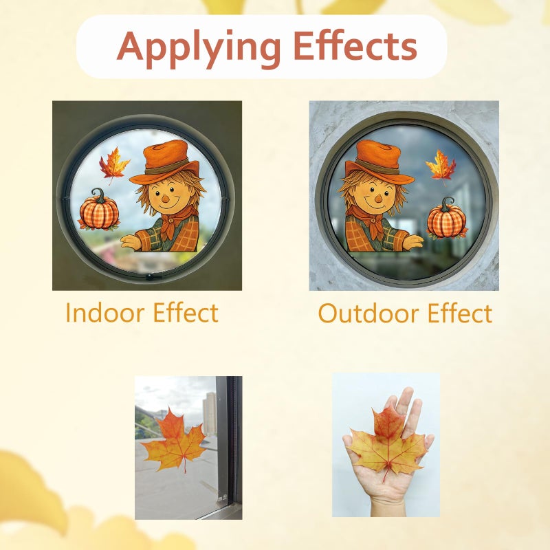 دي سي-بيوتيفُل DC-BEAUTIFUL 153 قطعة من ملصقات النوافذ الخريفية، 12 ورقة مزدوجة الجوانب للخريف، فزاعة اليقطين، ملصقات زجاجية من أوراق القيقب، قابلة لإعادة الاستخدام، شارات نافذة ثابتة لعيد الشكر، ديكورات الحفلات للمنزل والمكتب والمدرسة - Image 4